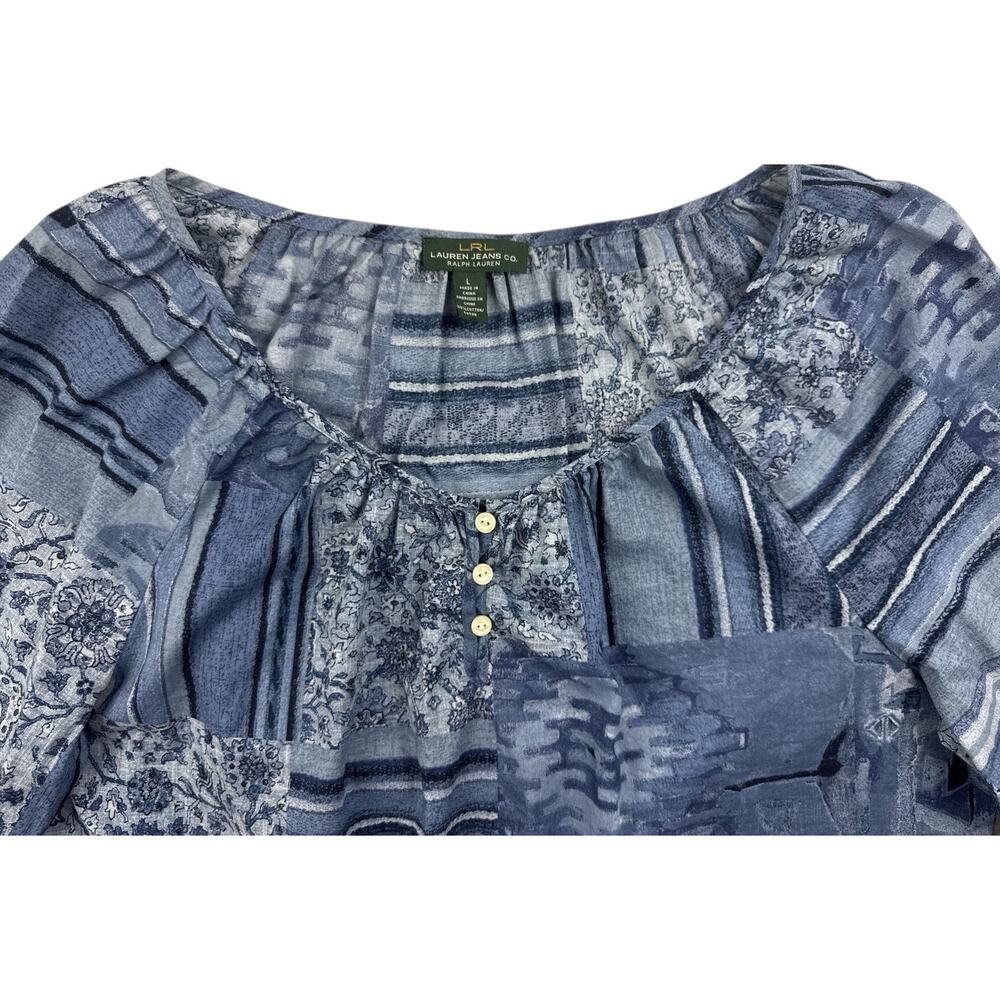 Lauren Ralph Lauren Shirt Blue Patchwork Floral Print Boho Top 3/4 Sleeve Large - Picture 3 of 9